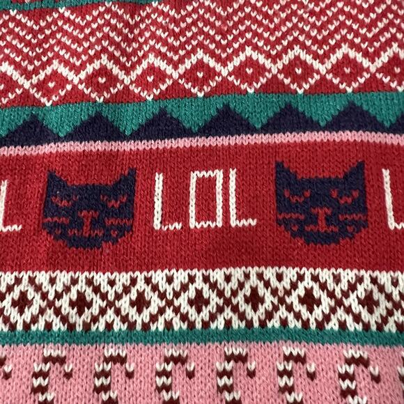 H&M Ugly Christmas Sweater Womens Small Red Pink Fair Isle HoHoHo Cat - Picture 2 of 10